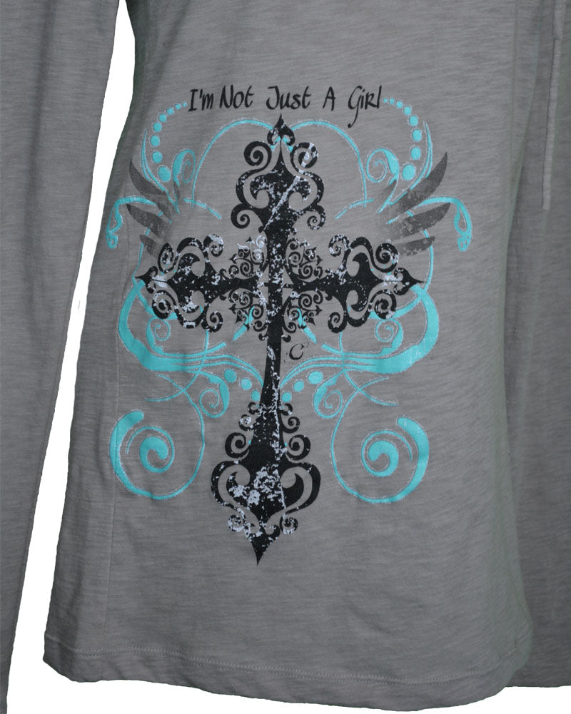 I'm Not Just a Girl Turquoise Cross Hooded Long Sleeve Shirt